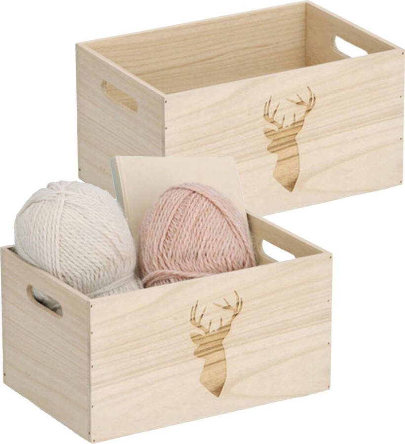 Zeller Opberg box kist 2x naturel hout gestempeld hertenmotief 30 x 20 x 16 cm speelgoed opbergen