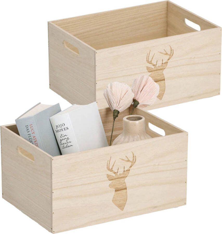 Zeller Opberg box kist 2x naturel hout gestempeld hertenmotief 35 x 25 x 18 cm speelgoed opbergen