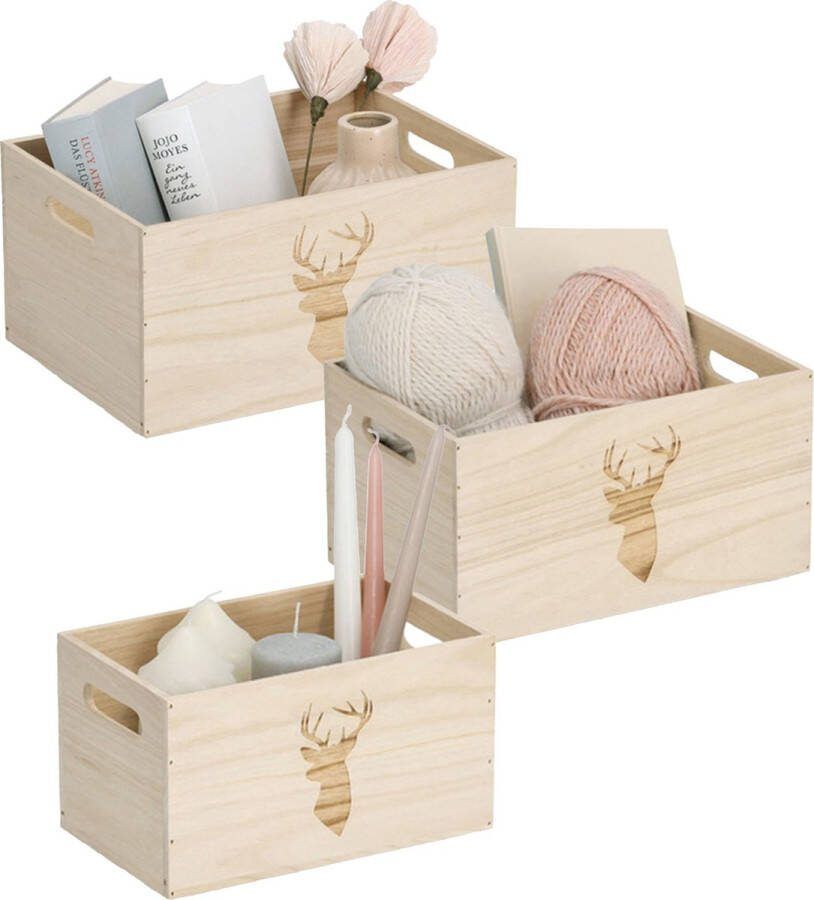 Zeller Opberg box kist set van 3 naturel hout gestempeld hertenmotief