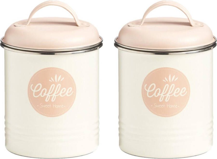 Zeller Set van 2x stuks wit roze koffie bewaar voorraad blik 11 x 16 cm 2 liter Voorraad bewaar opslagblikken