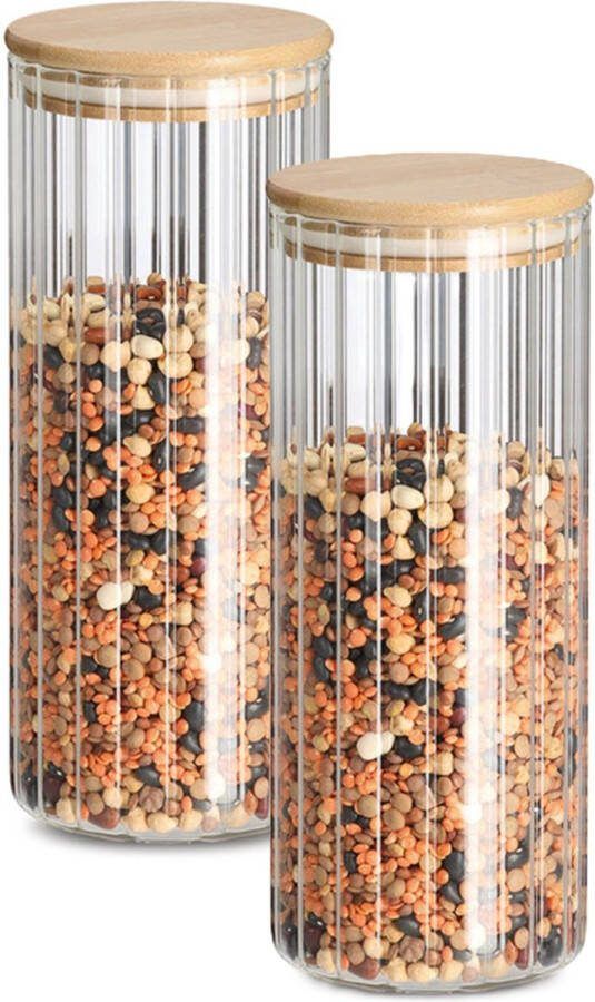 Zeller Voorraad bewaar pot Grooves 2x hard glas transparant 1100 ml bamboe deksel luchtdicht
