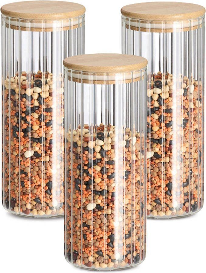 Zeller Voorraad bewaar pot Grooves 3x hard glas transparant 1100 ml bamboe deksel luchtdicht