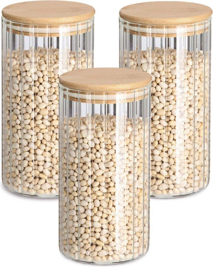 Zeller Voorraad bewaar pot Grooves 3x hard glas transparant 800 ml bamboe deksel luchtdicht