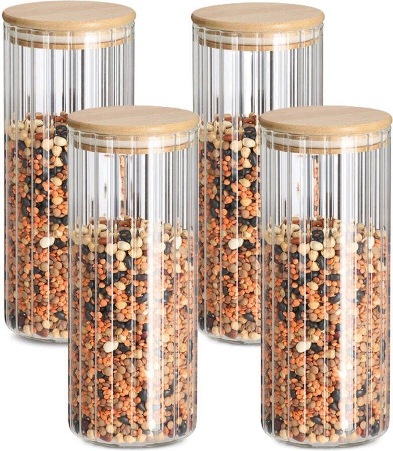 Zeller Voorraad bewaar pot Grooves 4x hard glas transparant 1100 ml bamboe deksel luchtdicht