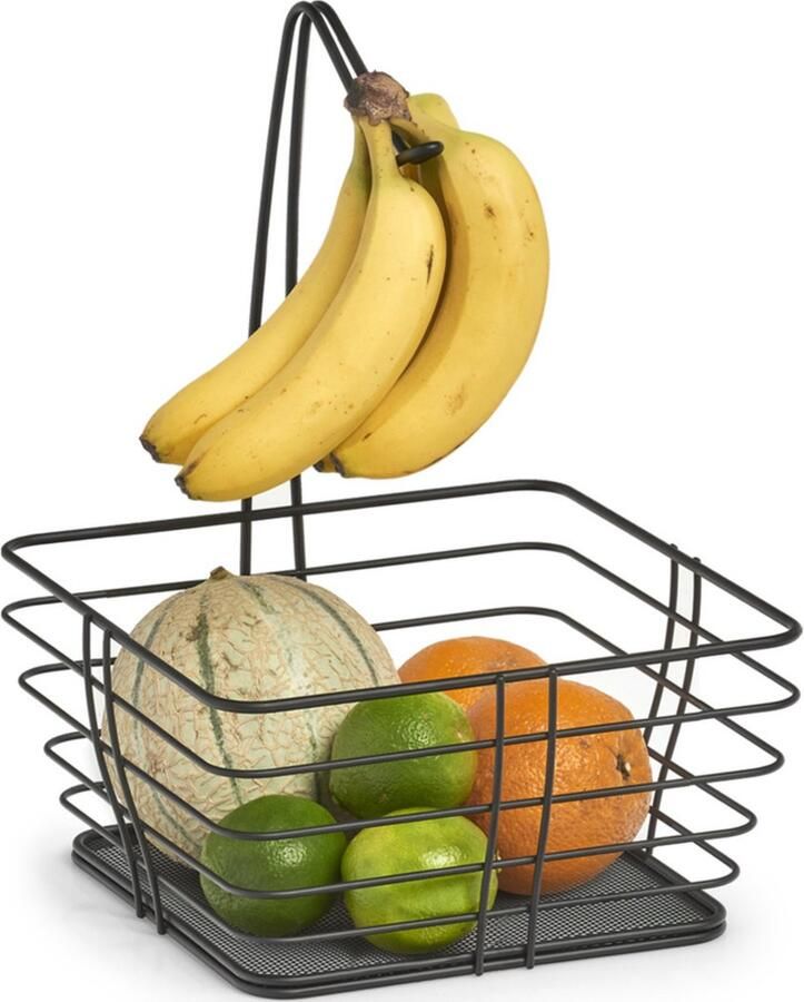 Zeller Fruitmand vierkant banaan hanger zwart 26 cm draad metaal fruitschaal keuken