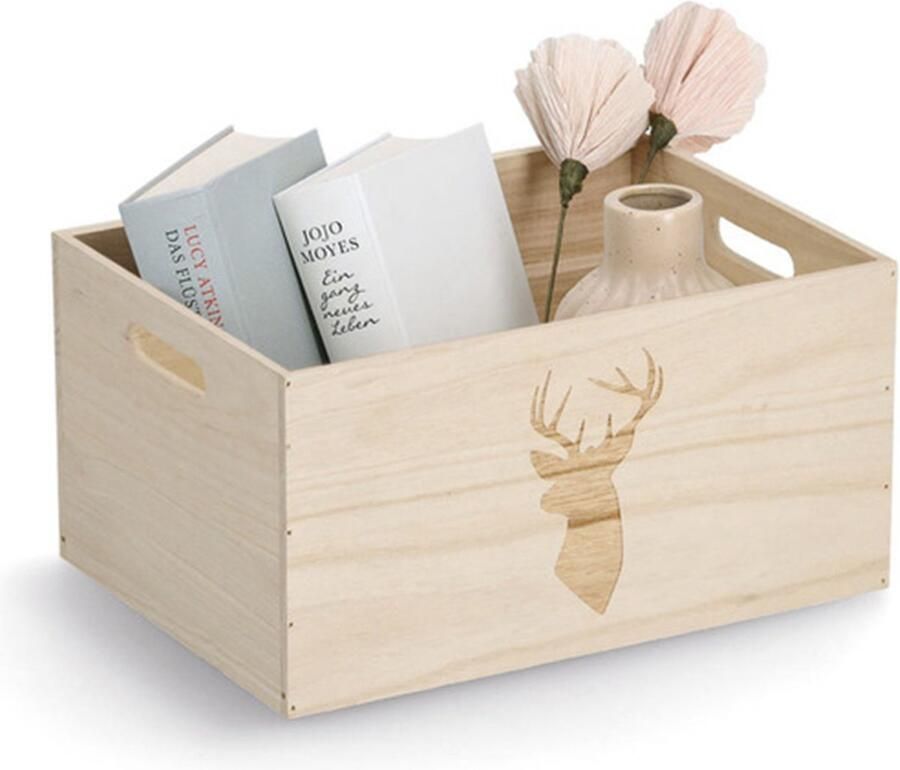 Zeller Opberg box kist naturel hout gestempeld hertenmotief 35 x 25 x 18 cm speelgoed opbergen