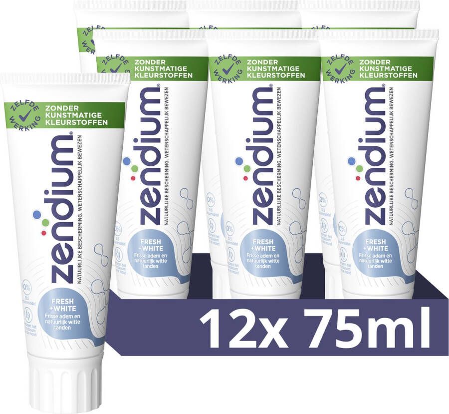 Zendium Tandpasta Fresh+White tandpasta met fluoride zonder SLS-schuimmiddel 12 x 75 ml