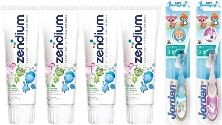 Zendium Kids Tandpasta 4 x 75 ml + 2 x Jordan Tandenborstel Step By Step 3 tot 5 Jaar