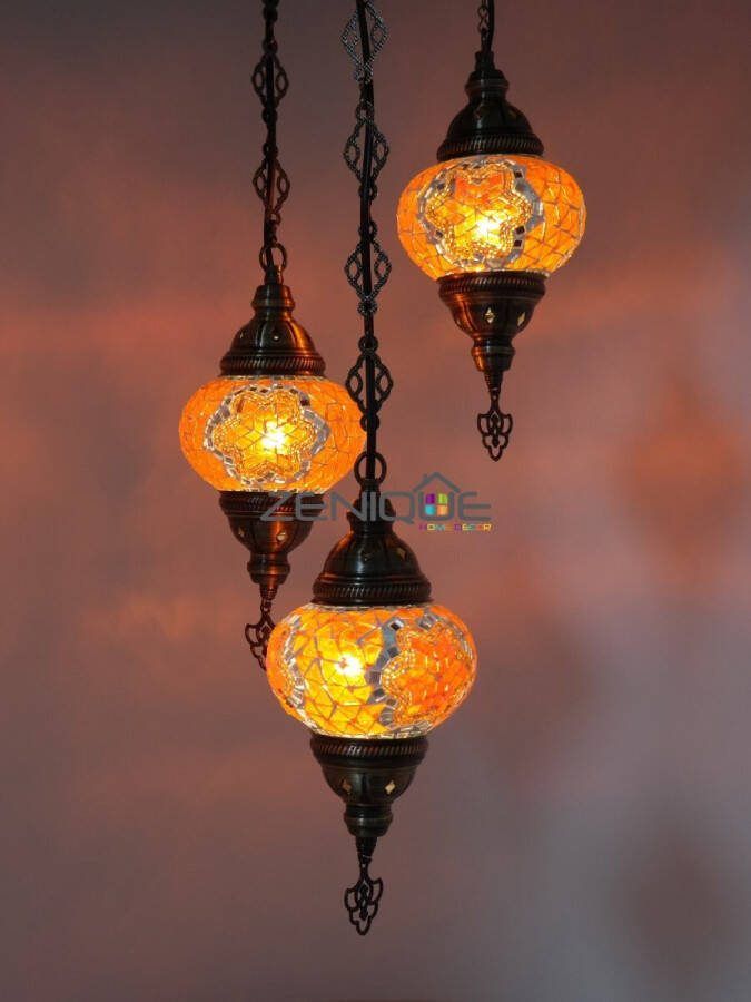 Zenique Turkse Lamp Hanglamp Mozaïek Lamp Marokkaanse Lamp Oosters Lamp Authentiek Handgemaakt Kroonluchter Oranje 3 bollen