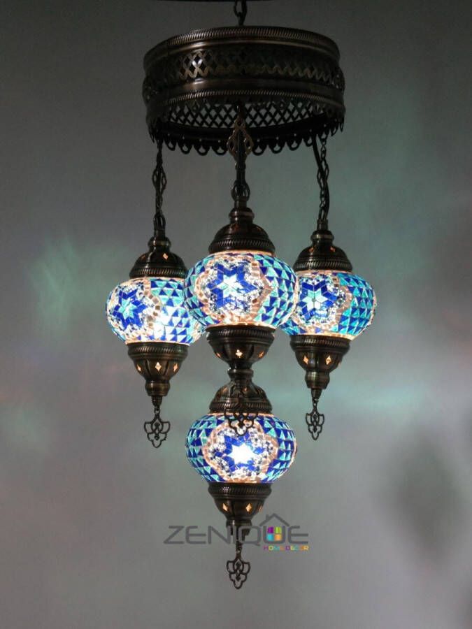 Zenique Turkse Lamp Hanglamp Mozaïek Lamp Marokkaanse Lamp Oosters Lamp Authentiek Handgemaakt Kroonluchter Blauw 4 bollen