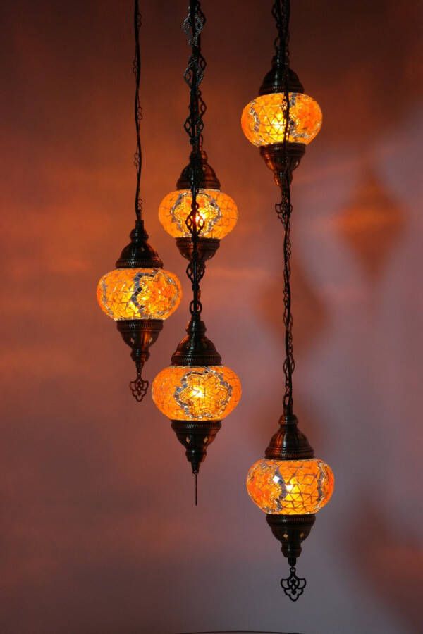 Zenique Turkse lamp Oosterse lamp Hanglamp Oranje 5 bollen mozaïek