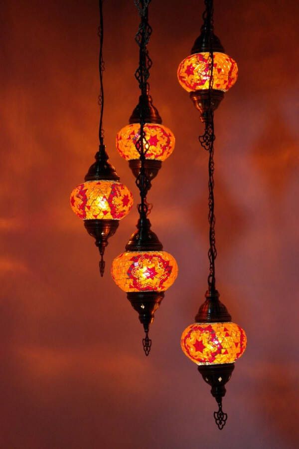 Zenique Turkse lamp Oosterse lamp Hanglamp Rood-Oranje 5 bollen mozaïek