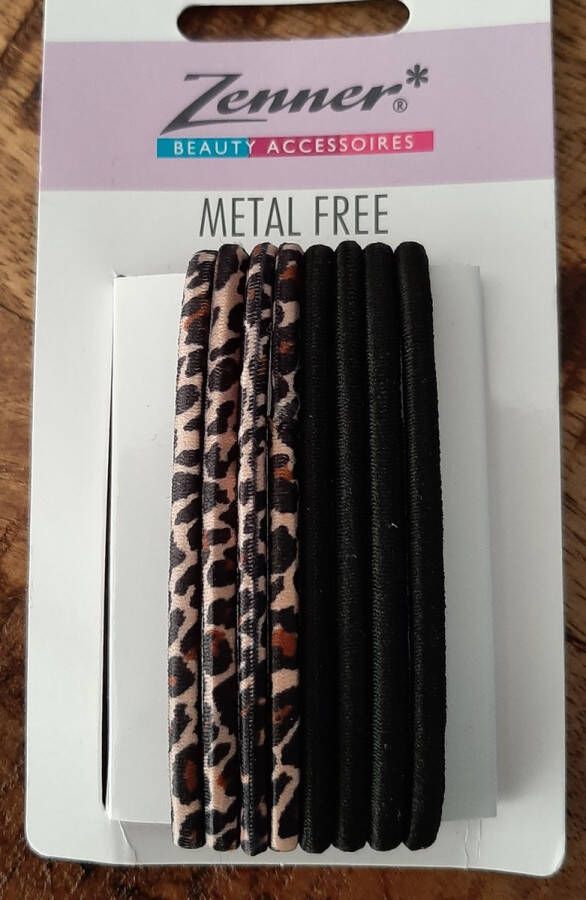 Zenner haarelastieken medium metal free 8 elastiekjes zwart en tijger panter print bruin haarelastiekjes metaalvrij