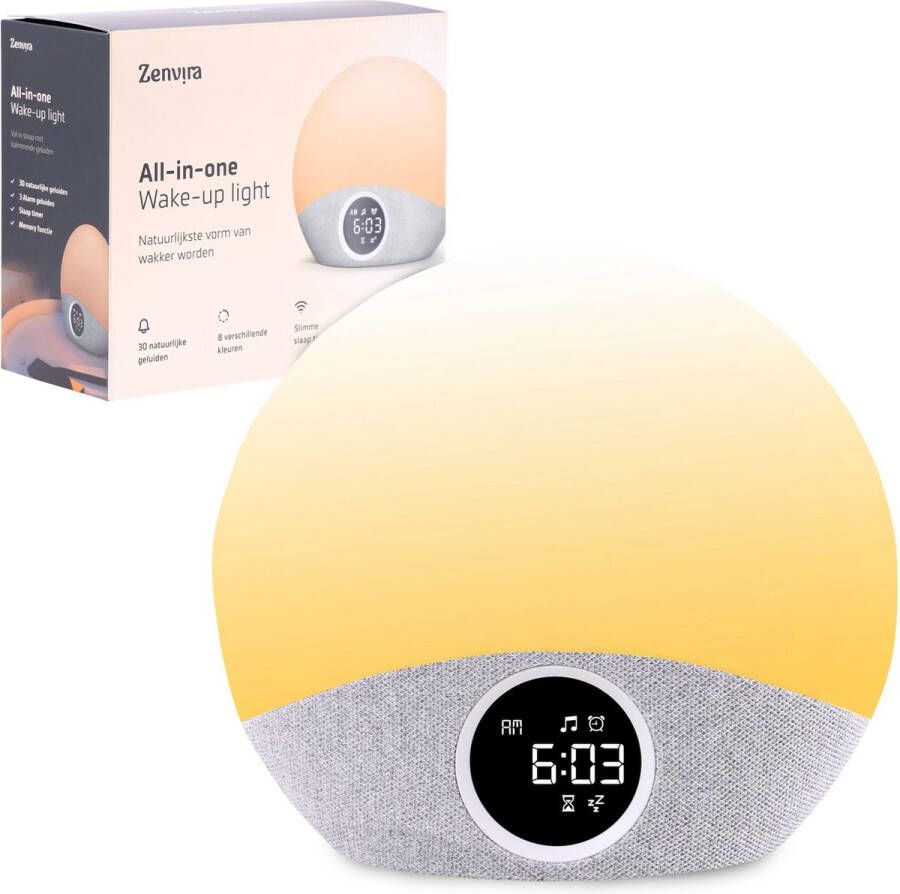 Zenvira Wake up light Digitale wekker Lichtwekker Nachtlamp 30 White noise geluiden Met Snooze functie Timer 8 sfeer kleuren licht dimmer 5 wekker geluiden