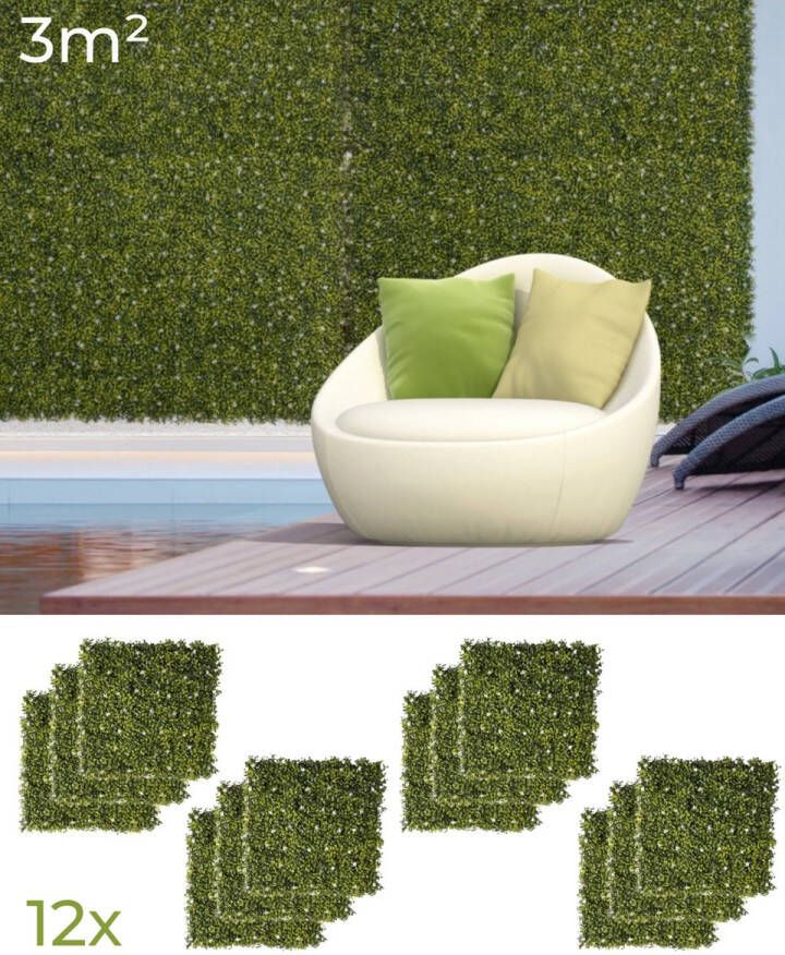 Zenzee Kunsthaag Wandpaneel Milaan gras Tuinscherm Zichtbreeknet Balkonscherm Plantenwand Wanddecoratie Voor buiten en binnen Set van 12 3m² Groen