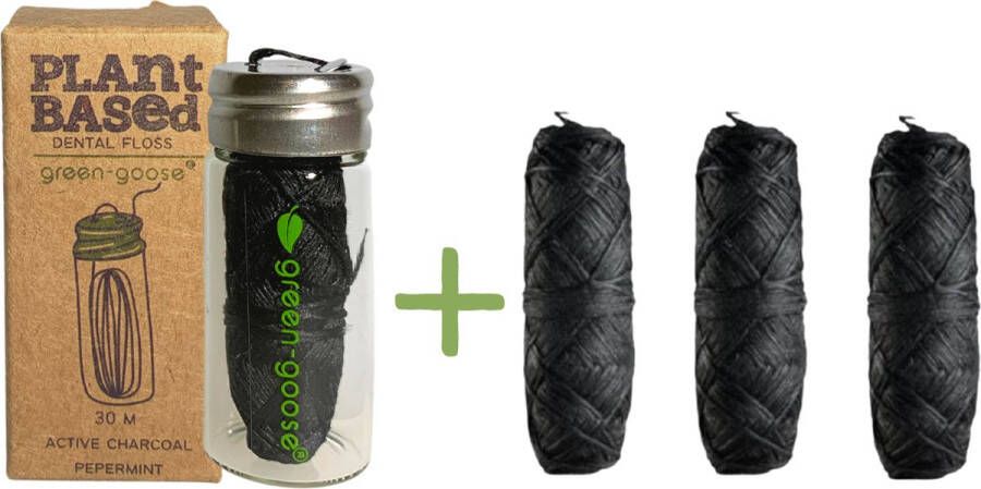 Zepig Bamboe Flosdraad Charcoal (Actief Houtskool) + Navulling (3x300 cm) Mondverzorging Vegan Duurzaam Biologisch Afbreekbaar candelilla was pepermunt etherische olie