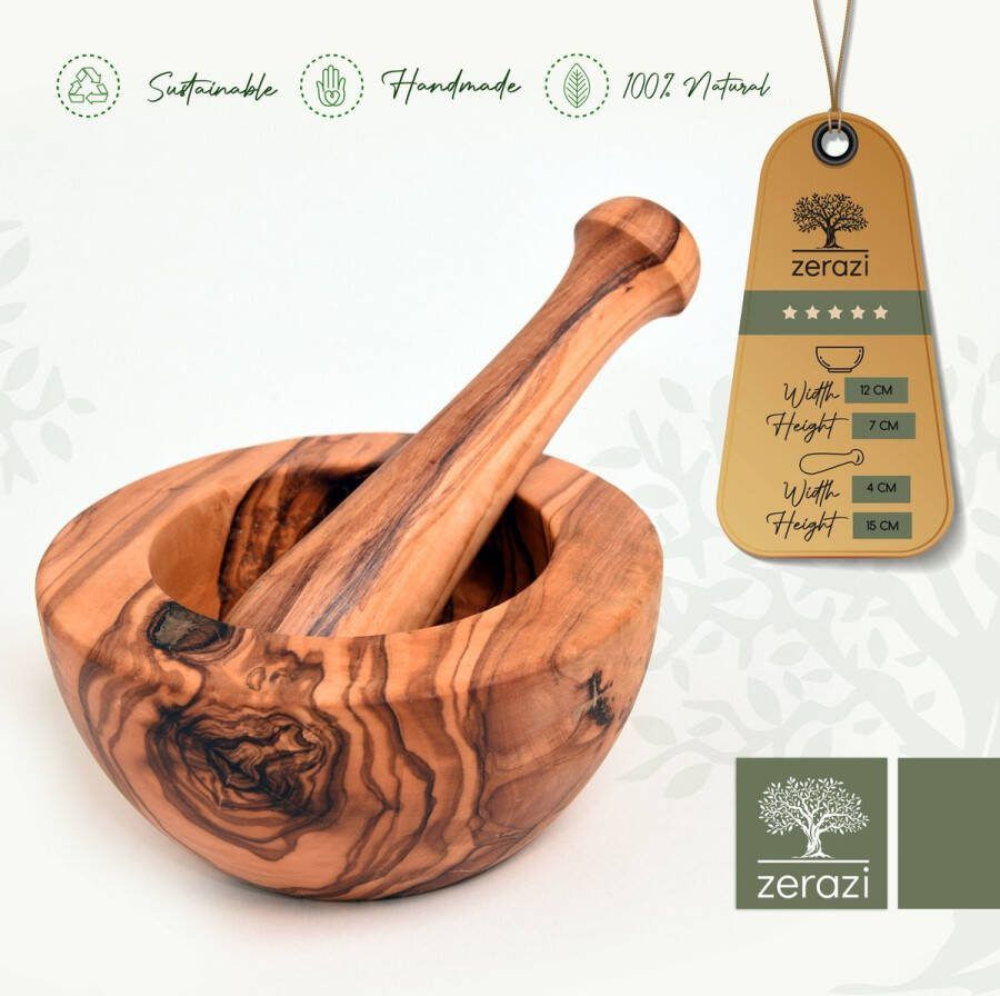 Zerazi 12 cm Vijzel & Stamper Olijfhout Ecologisch Geheel Handgemaakt Duurzaam Hygiënisch