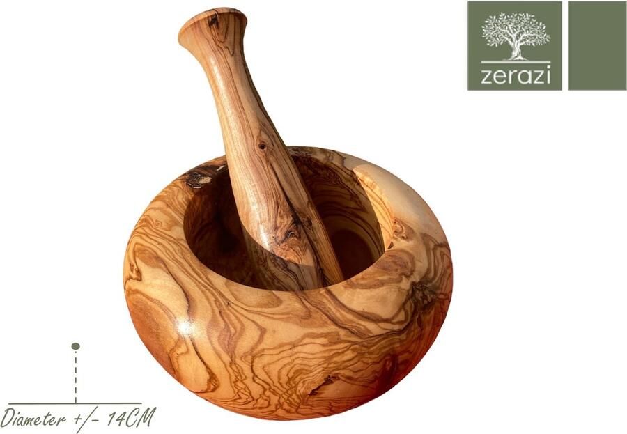 Zerazi Olijfhouten vijzel en stamper (Natuurlijk hout ⌀ 14 cm)