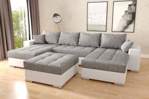 Zetelsenbedden.be Hoekbank Best Met hocker wit pu en grijs stof Hoeksalon met bed en opbergruimte Hoekzetel wooneiland inclusief poef ' met slaapfunctie en storage