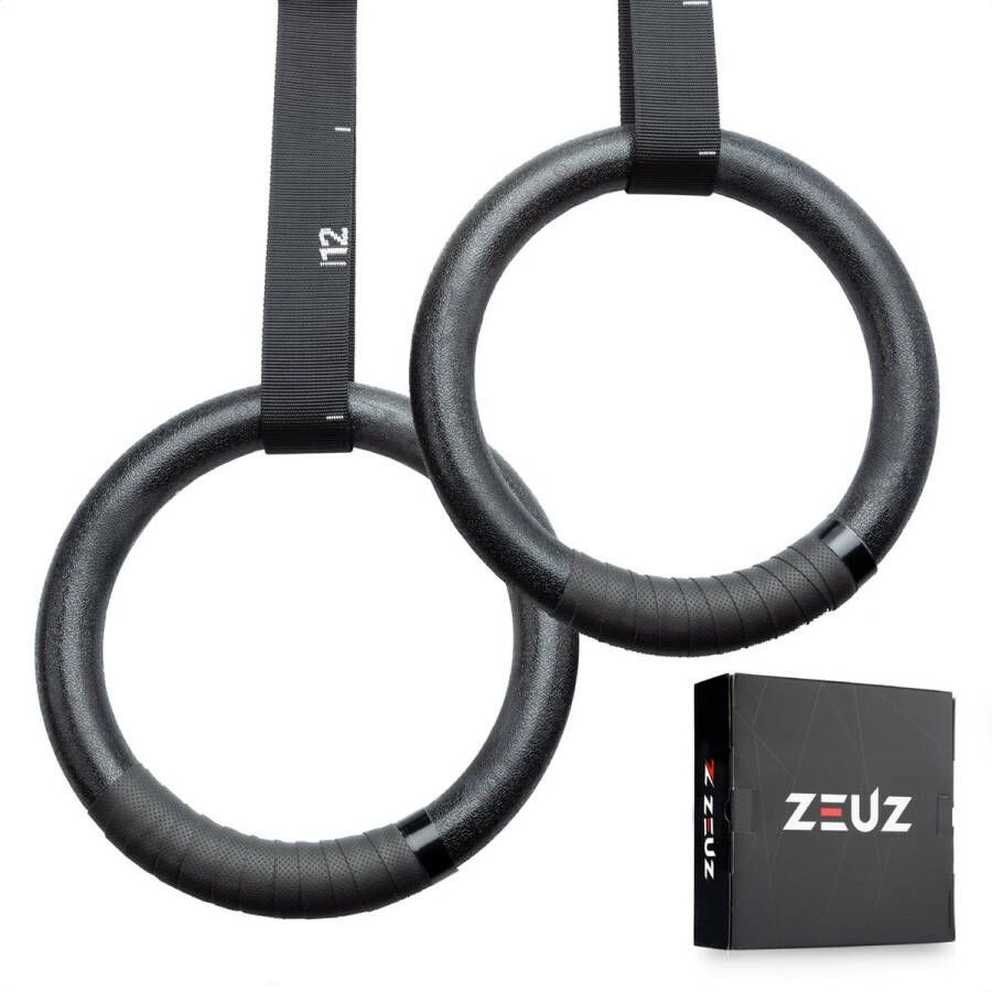 ZEUZ ABS Turnringen voor Fitness CrossFit Gym & Calisthenics – Gymnastiek Ringen – Krachttraining – Incl. Ophangbanden & Antislip Tape Zwart