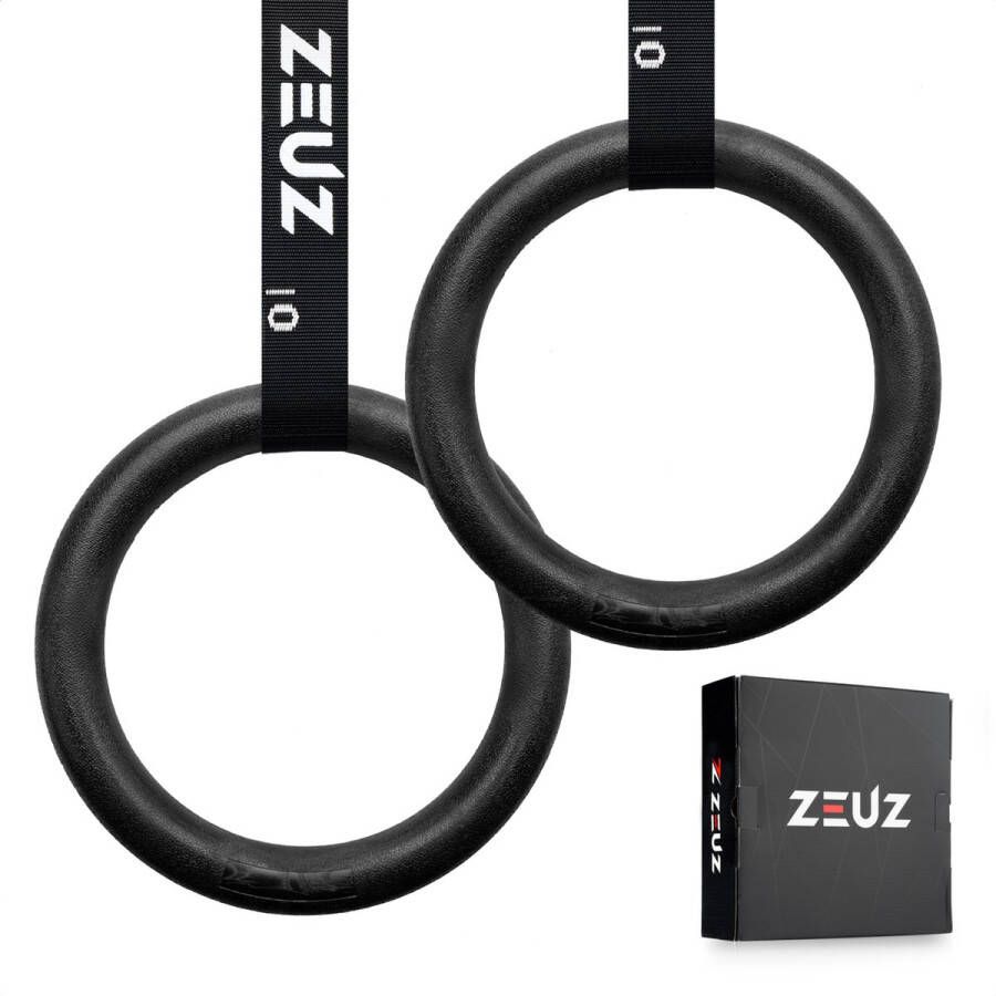 ZEUZ ABS Turnringen voor Fitness CrossFit Gym & Calisthenics – Gymnastiek Ringen – Krachttraining – Incl. Ophangbanden & Antislip Tape Zwart