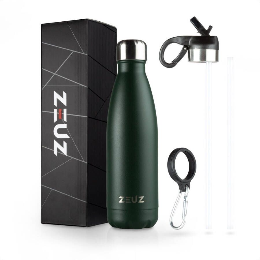 ZEUZ Premium RVS Thermosfles & Drinkfles Isoleerfles – Waterfles met Rietje BPA Vrij – 500 ml Mat Groen