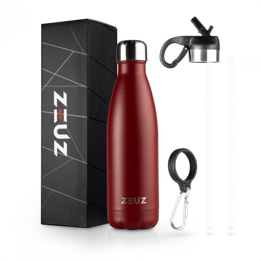 ZEUZ Premium RVS Thermosfles & Drinkfles Isoleerfles – Waterfles met Rietje BPA Vrij – 500 ml Mat Rood