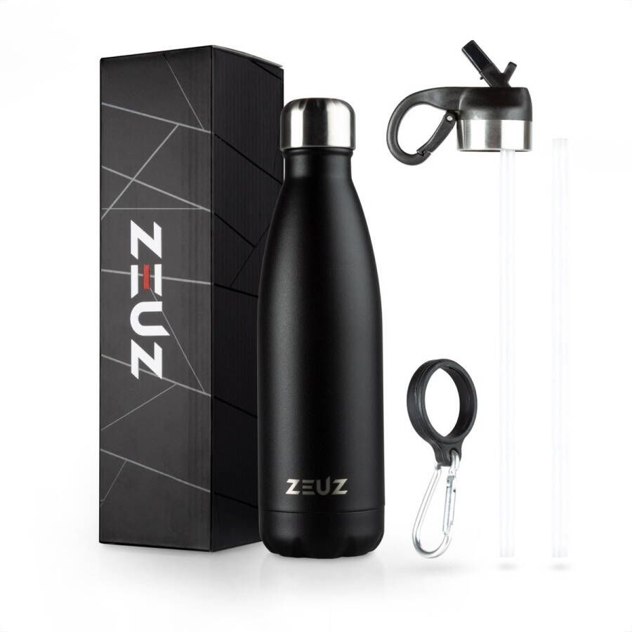 ZEUZ Premium RVS Thermosfles & Drinkfles Isoleerfles – Waterfles met Rietje BPA Vrij – 500 ml Mat Zwart