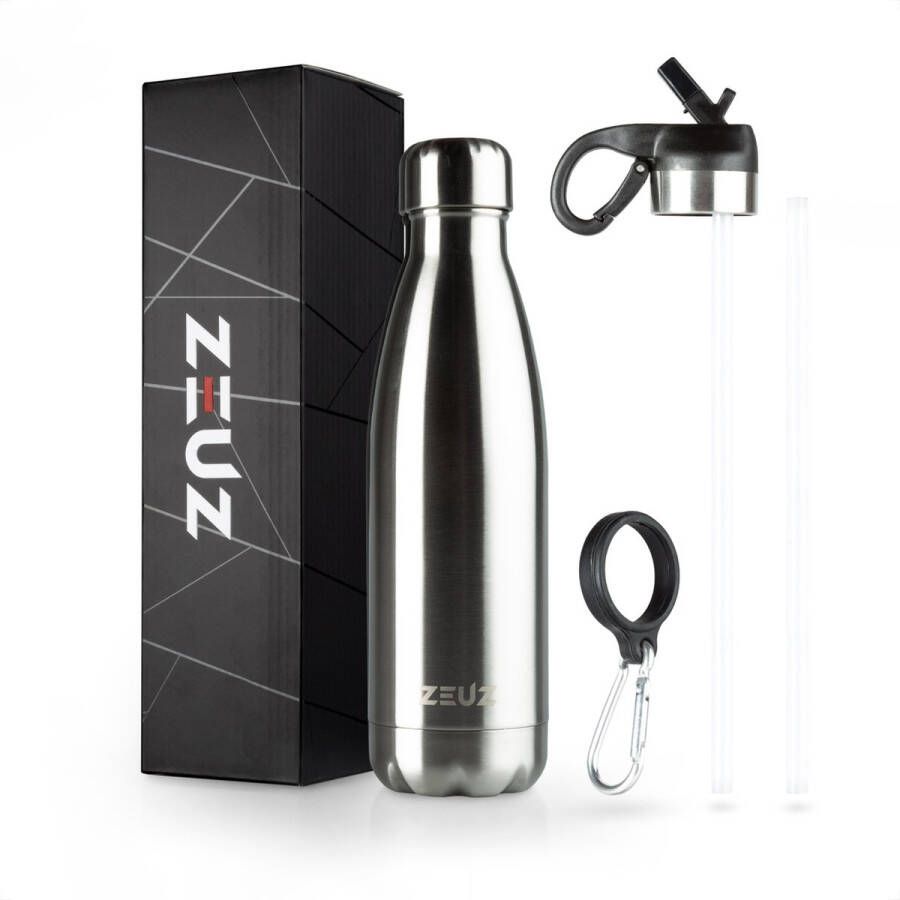 ZEUZ Premium RVS Thermosfles & Drinkfles Isoleerfles – Waterfles met Rietje BPA Vrij – 500 ml Zilver