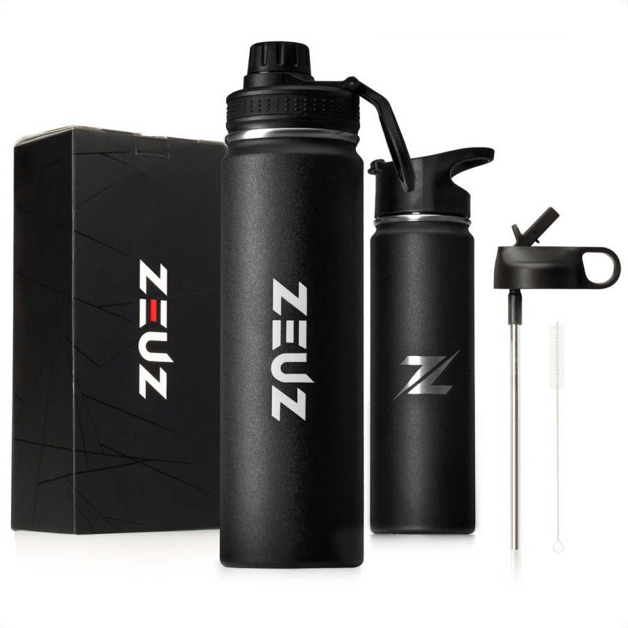 ZEUZ Premium RVS Thermosfles & Drinkfles – Waterfles met Rietje BPA Vrij – 700 ml Mat Zwart