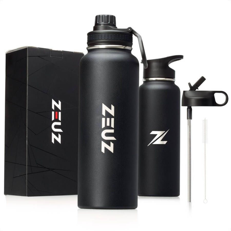 ZEUZ Premium RVS Thermosfles & Drinkfles – Waterfles met Rietje – Isoleerfles BPA Vrij – 1200 ml 1 2 Liter- Mat Zwart