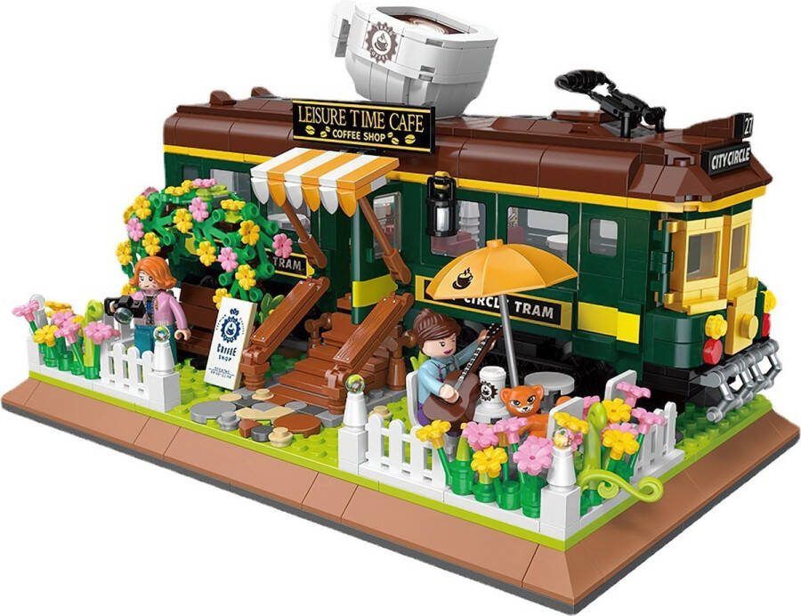Zhe Gao Blocks Zhe Gao Trein Cafe Bouwset Treinstation architecture Classic creator modulaire city huis met 4 minifigures & bloemen Technische gebouwen speelgoed voor kinderen en volwassenen 1081 bouwstenen (niet compatibel met Mould King of Lego stenen)