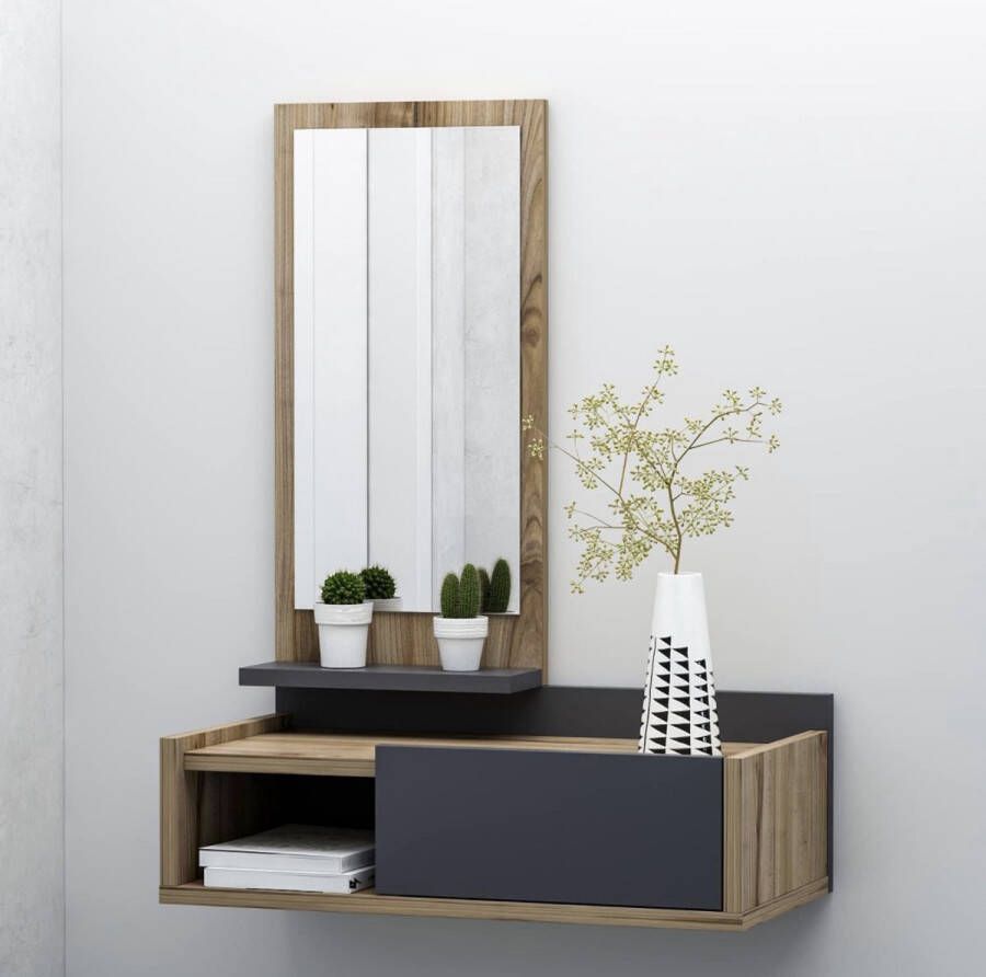 Hangmeubel spiegelkast wandgarderobe voor de entree met lade spiegel en legplank in moderne stijl (walnoot antraciet) gangkast
