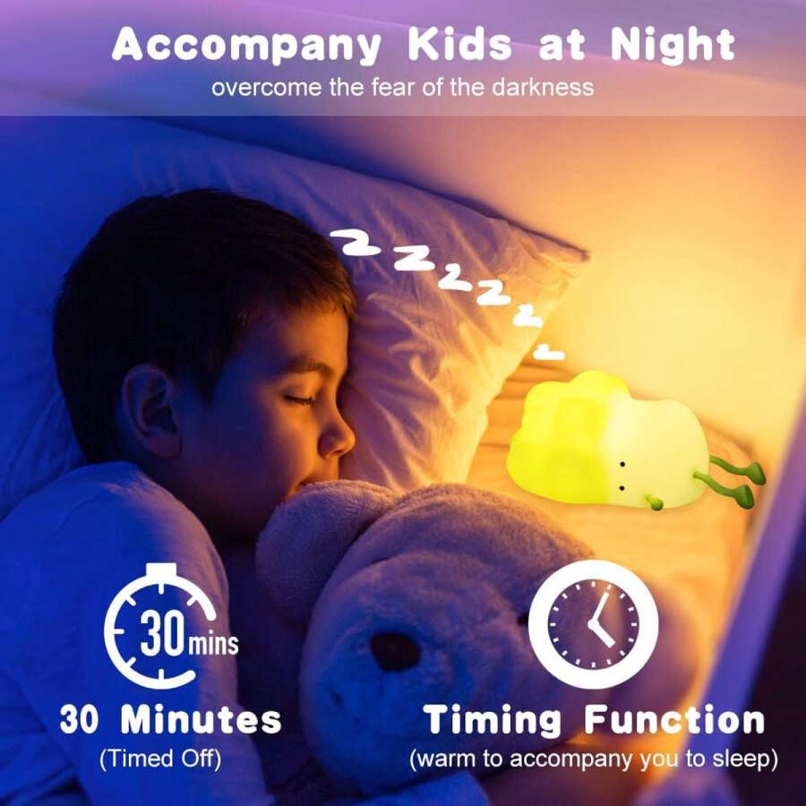 Zhs siliconen nachtlampje voor kinderen plantaardig led-bedlampje USB-oplaad- en timingfunctie 1200 mAh Kawaii-nachtlampje met aanraakschakelaar en helderheidsaanpassing 3 niveaus houder voor mobiele telefoon