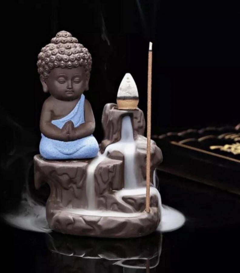 Backflow wierook brander houder waterval blauwe keramiek monnik Boeddha Feng Shui