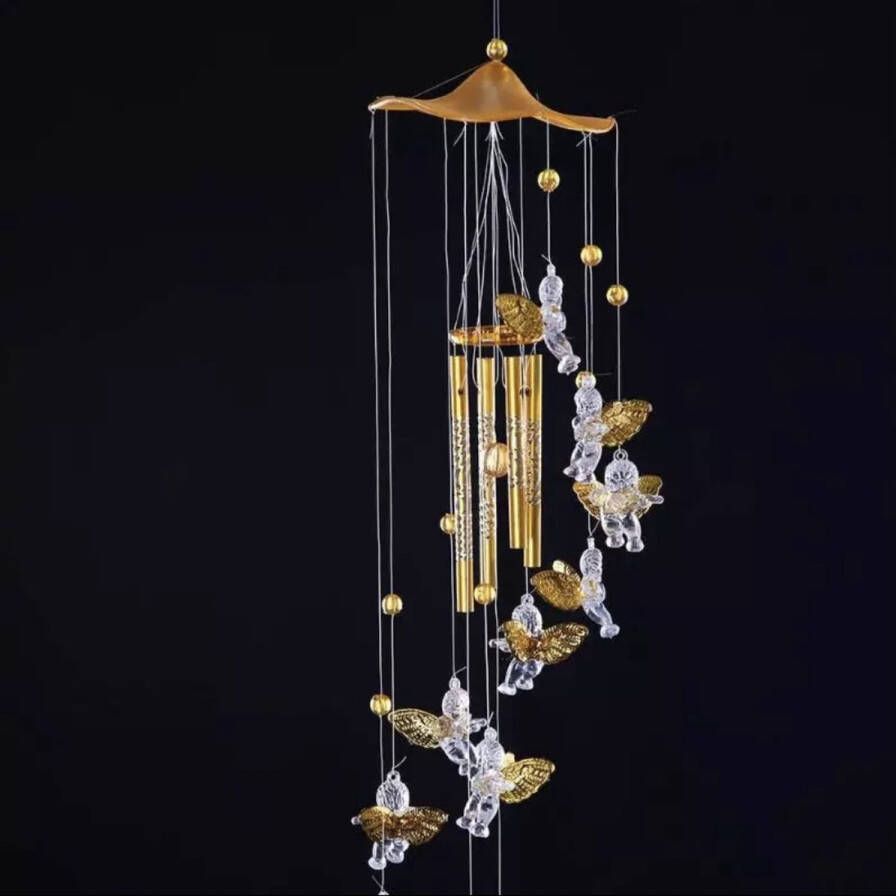 Zhu engelen windgong met 11 kleine engeltjes onder elkaar in gouden kleur (Kunststof en aluminium)
