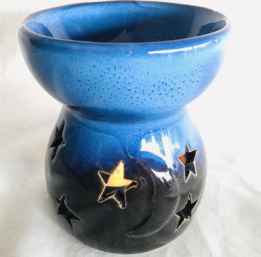 Zhu Oliebrander Maan & sterren Zwart blauwe keramiek 10x10x12cm Aromabrander voor geurolie of wax smelt