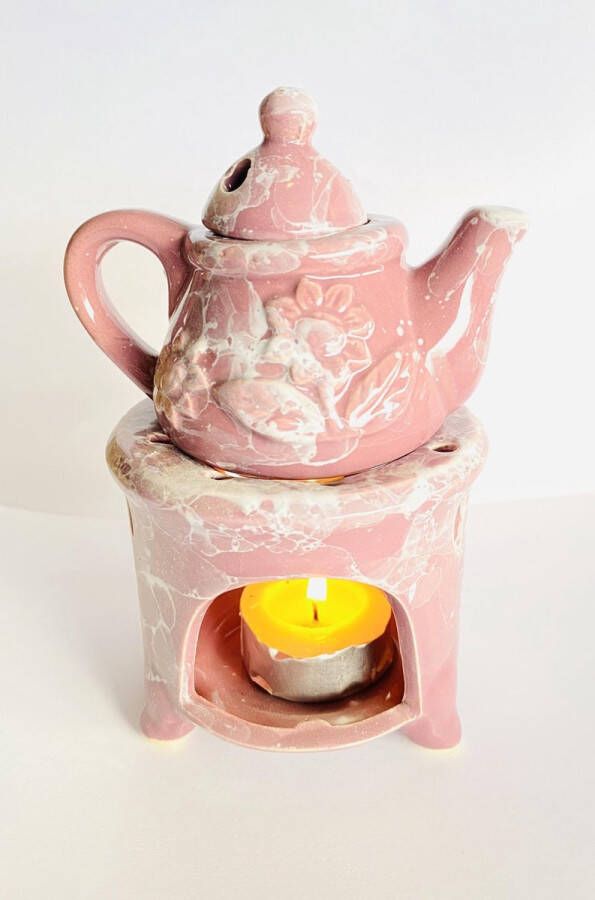 Zhu Oliebrander theepot roze keramiek 8.5x8.5x14cm Aromabrander voor geurolie of wax smelt