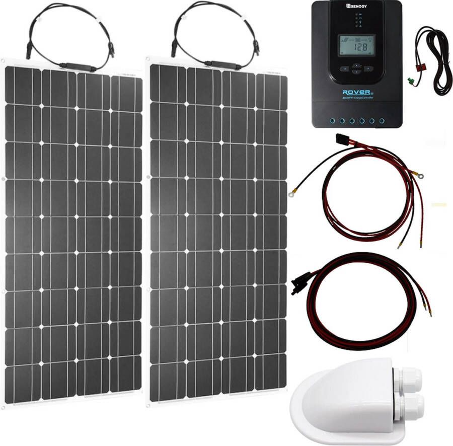 Zie beschrijving Bluetooth Set Flexibel Zonnepaneel 200Wp Caravan Camper Boot Tent of Tuinhuisje MPPT Renogy Rover laadregelaar 20A Zonnepaneel Compleet Pakket Dakdoorvoer Plug-Play set schematische tekening en handleiding-Monokristallijn