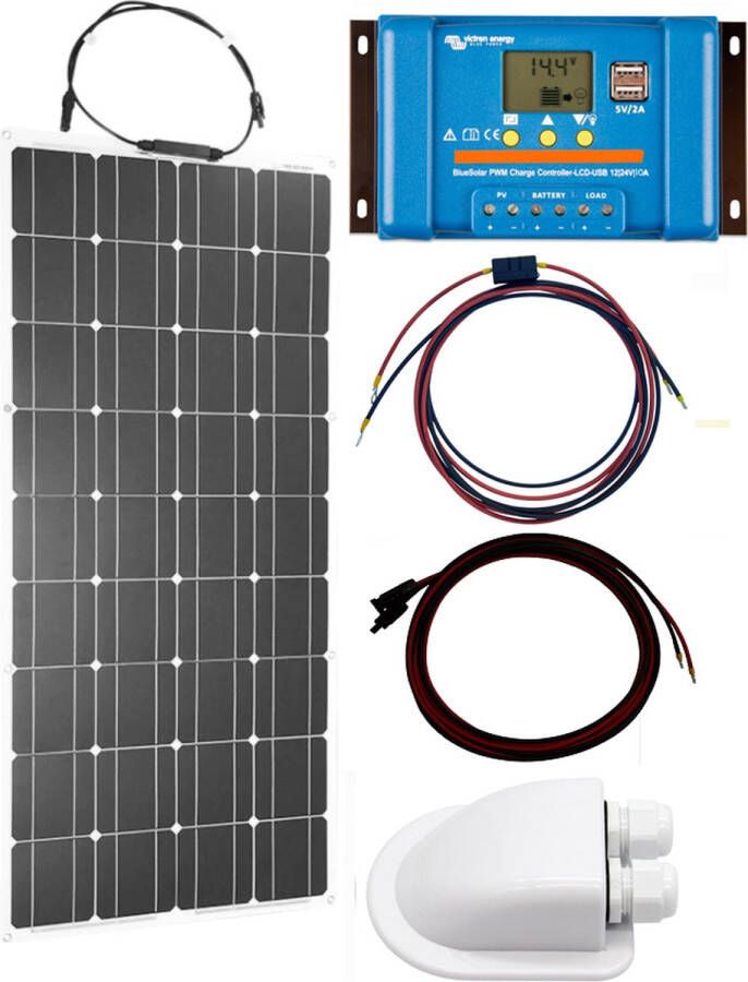 Zie beschrijving Set Flexibel Zonnepaneel 100Wp 12V Caravan Camper Boot Tent of Tuinhuisje Victron Energy BlueSolar PWM 10A LCD&USB laadregelaar Zonnepaneel Compleet Pakket Dakdoorvoer Plug-Play set schematische tekening en handleiding-Monokristallijn