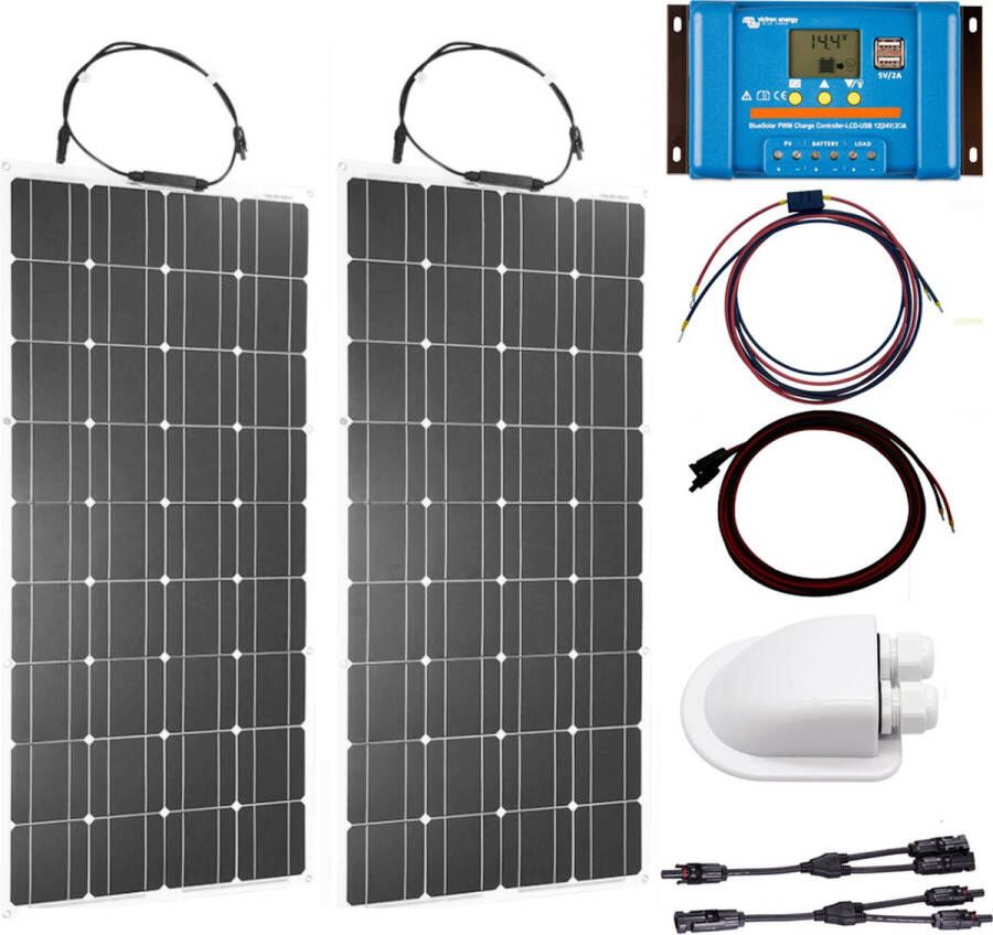 Zie beschrijving Set Flexibel Zonnepaneel 200Wp 12V Caravan Camper Boot Tent of Tuinhuisje Victron Energy BlueSolar PWM 20A LCD&USB laadregelaar Zonnepaneel Compleet Pakket Dakdoorvoer Plug-Play set schematische tekening en handleiding-Monokristallijn