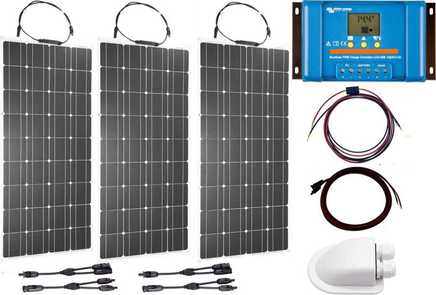 Zie beschrijving Set Flexibel Zonnepaneel 300Wp 12V Caravan Camper Boot Tent of Tuinhuisje Victron Energy BlueSolar PWM 30A LCD&USB laadregelaar Zonnepaneel Compleet Pakket Dakdoorvoer Plug-Play set schematische tekening en handleiding-Monokristallijn