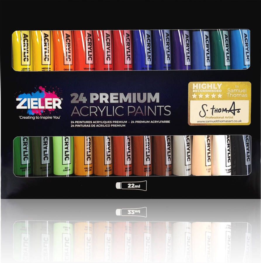 Zieler Premium Acrylverf Set van 24 Acrylverf Tubes van 22 ml Levendige Acryl Verf Kleuren en Rijke Pigmenten Inclusief Startgids