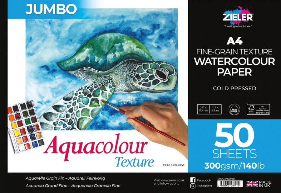 Zieler Professioneel Aquarelpapier A4 van Aquarelblok met 50 Vellen A4 Aquarelpapier 300 gram