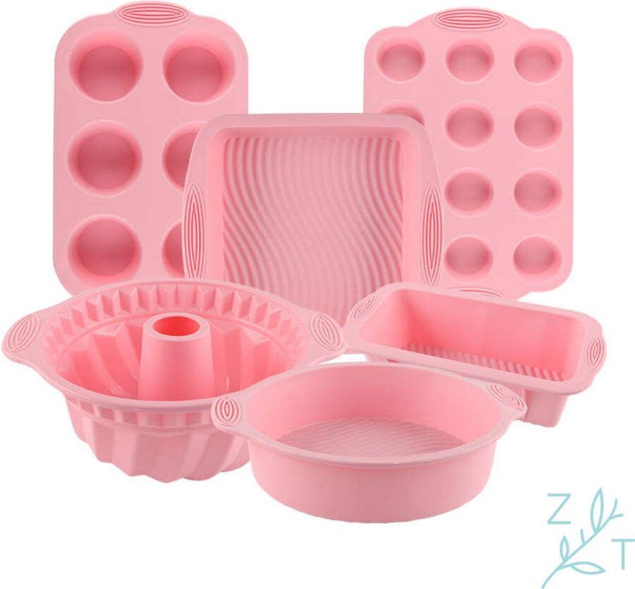 ZijTak Bakset 6-delig muffin cupcake bakvorm siliconen cakevorm tulbandvorm vierkante bakvorm taartvorm roze