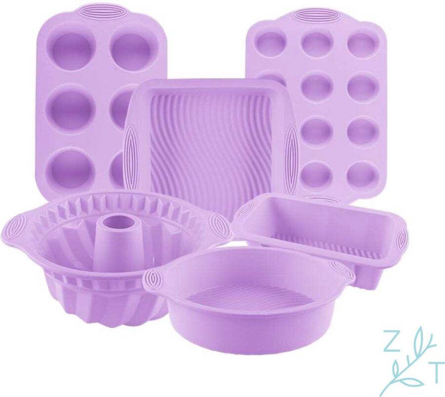 ZijTak Bakset 6-delig muffin cupcake bakvorm siliconen cakevorm tulbandvorm vierkante bakvorm taartvorm paars