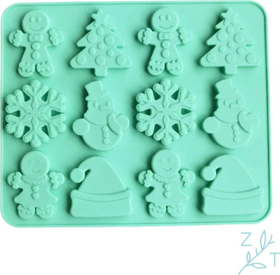 ZijTak Kerstvorm 12 delig Silicone Chocolade vorm Bakvorm Lightgroen Kerstboom Gingerbread Mannetje Kerstmuts Sneeuwvlok Sneeuwman