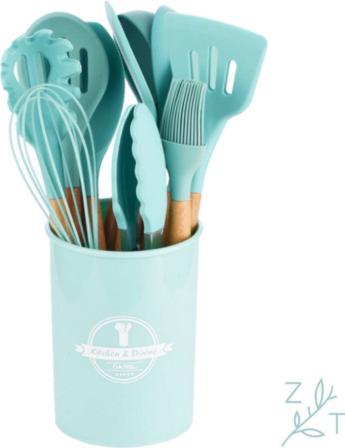 ZijTak Keukenset -Keukengerei set Groen Blauw 12 stuks Soeplepel Ronde Schuimspaan Tang Wokspaan Spatel Spaghettilepel Opscheplepel Insmeerborstel Garde Pannenlikker Hout Silicone