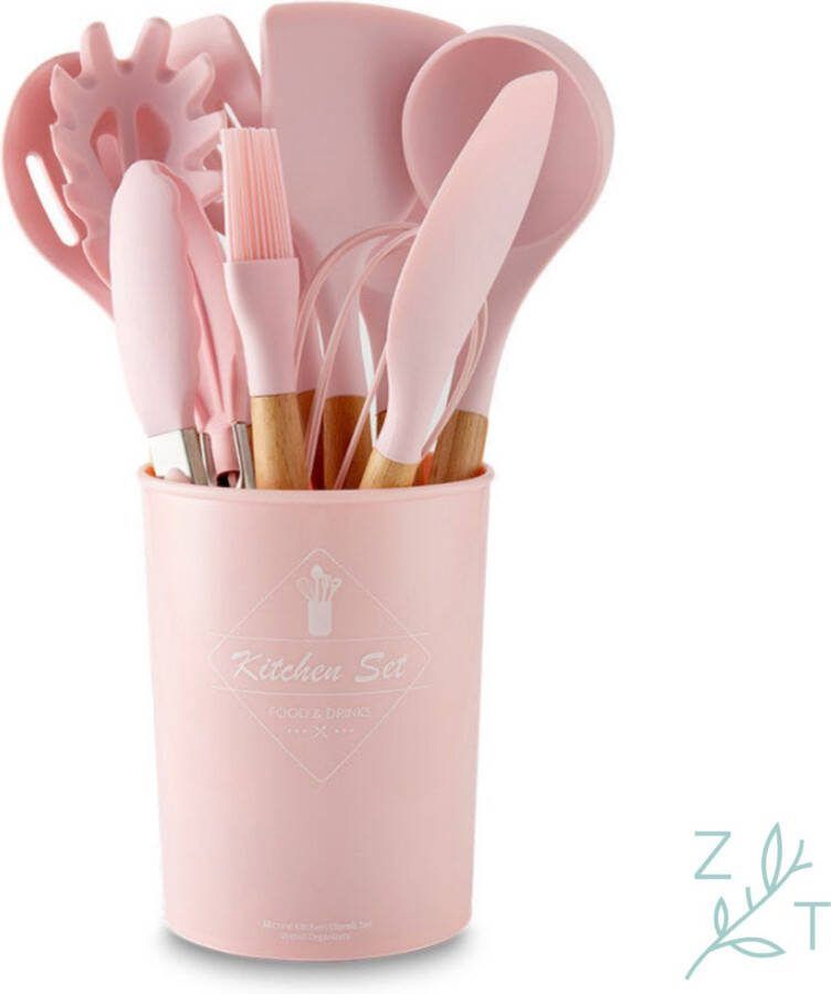ZijTak Keukenset -Keukengerei set Roze 12 stuks Soeplepel Ronde Schuimspaan Tang Wokspaan Spatel Spaghettilepel Opscheplepel Insmeerborstel Garde Pannenlikker Hout Silicone