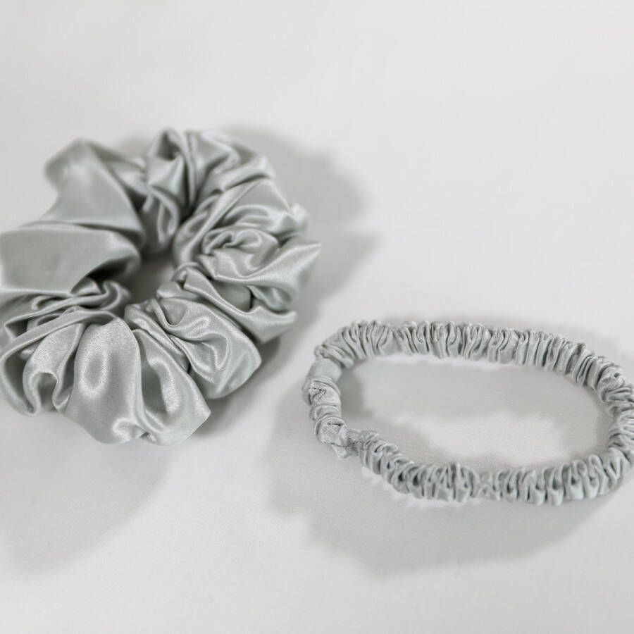 Zilk Premium 100% Silk Zijden Scrunchies l Haarelastiekje Dag & Nacht l Set van 2 25 momme Staalgrijs